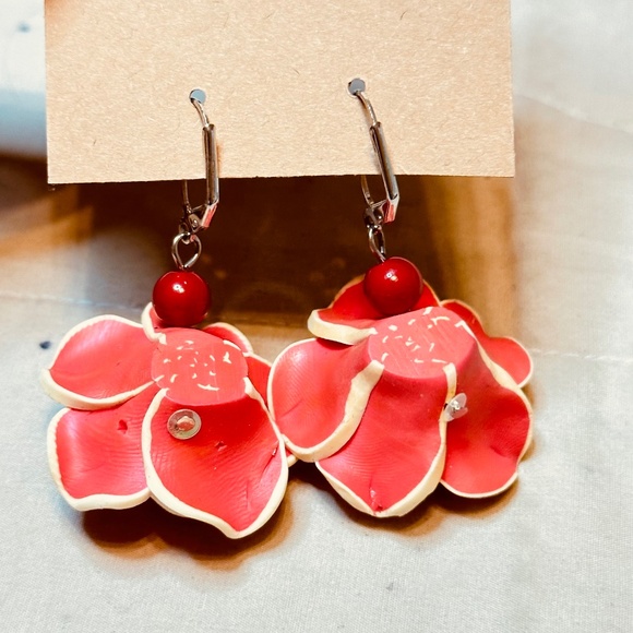 Rose & Bead Large Dangle Earrings Vintage Polymer Clay - Picture 4 of 13